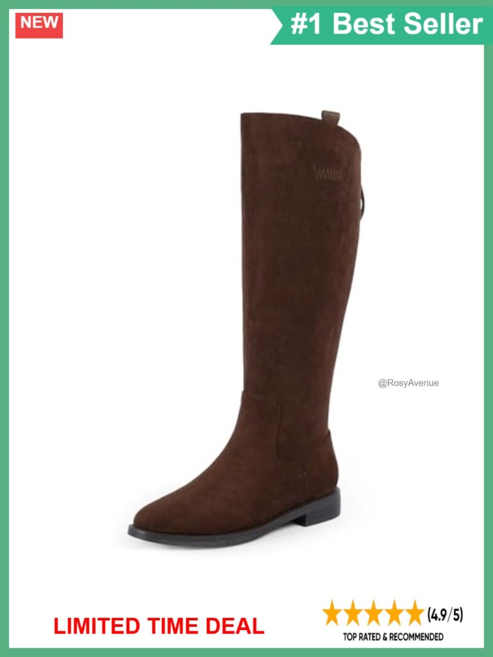 Knee High Boots Women Faux Leather Suede Round Toe Flat Chunky Heel Riding Boots